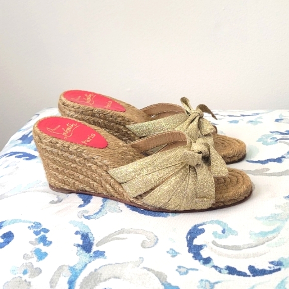 Christian Louboutin Gold Wedge Espadrilles Sandals - Picture 2 of 6